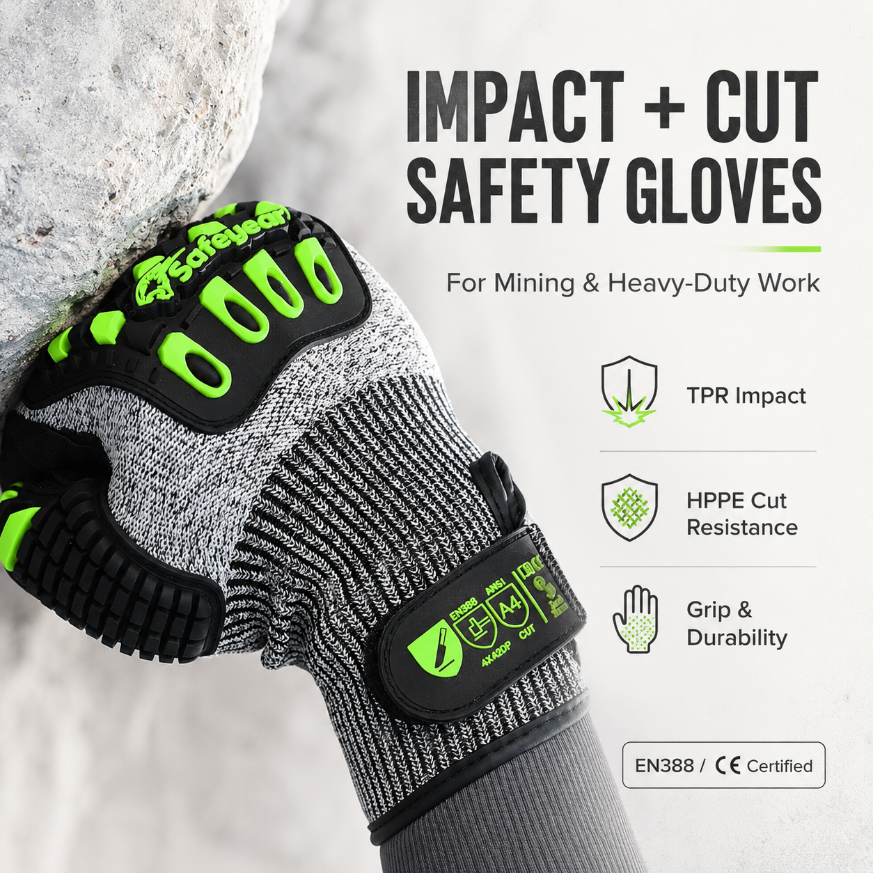  Gants de coupe résistants aux chocs TPR9004 pour les travaux miniers et lourds (option haute visibilité)