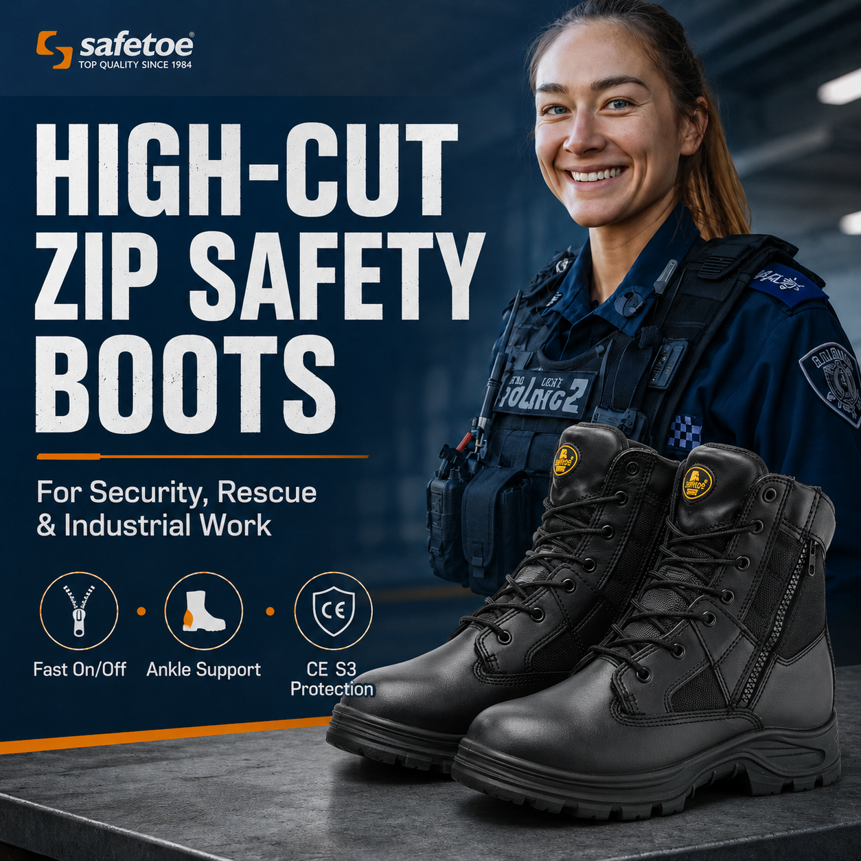 Bottes de sécurité zippées de style militaire | Bottes de sécurité hautes certifiées CE pour le sauvetage, la sécurité et les travaux industriels