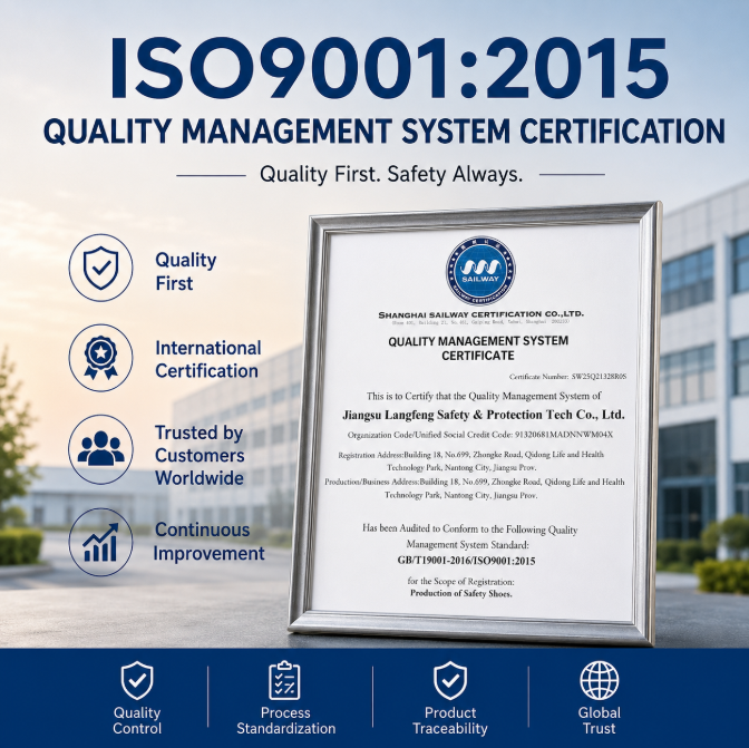 Langzhifeng Protective Technology obtient la certification ISO9001:2015｜Établissant une nouvelle référence en matière de qualité dans la fabrication de chaussures de sécurité en Chine